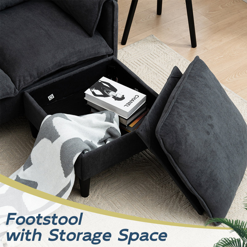 Canapé convertible en L avec repose-pieds et rangement, Tissu gris