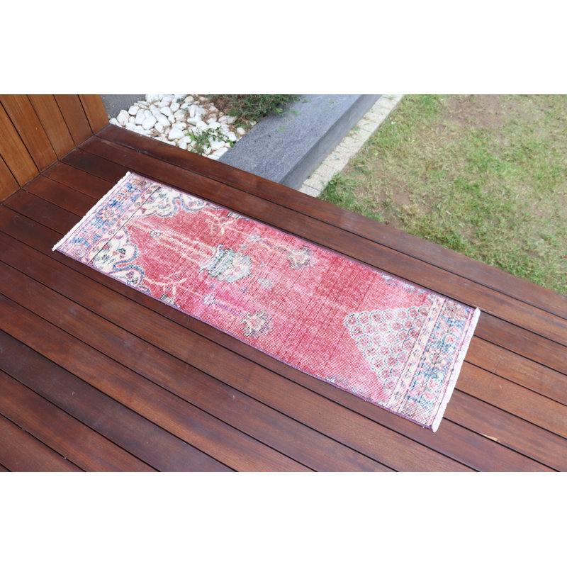 Vintage Turkish Red Rug Runner With Elegant Oriental Pattern And Bold Colorful Design For Door Mat Use