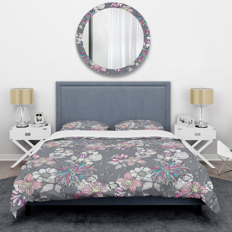 Fleurs grises - Ensemble de housse de couette floral - Polyester microfibre