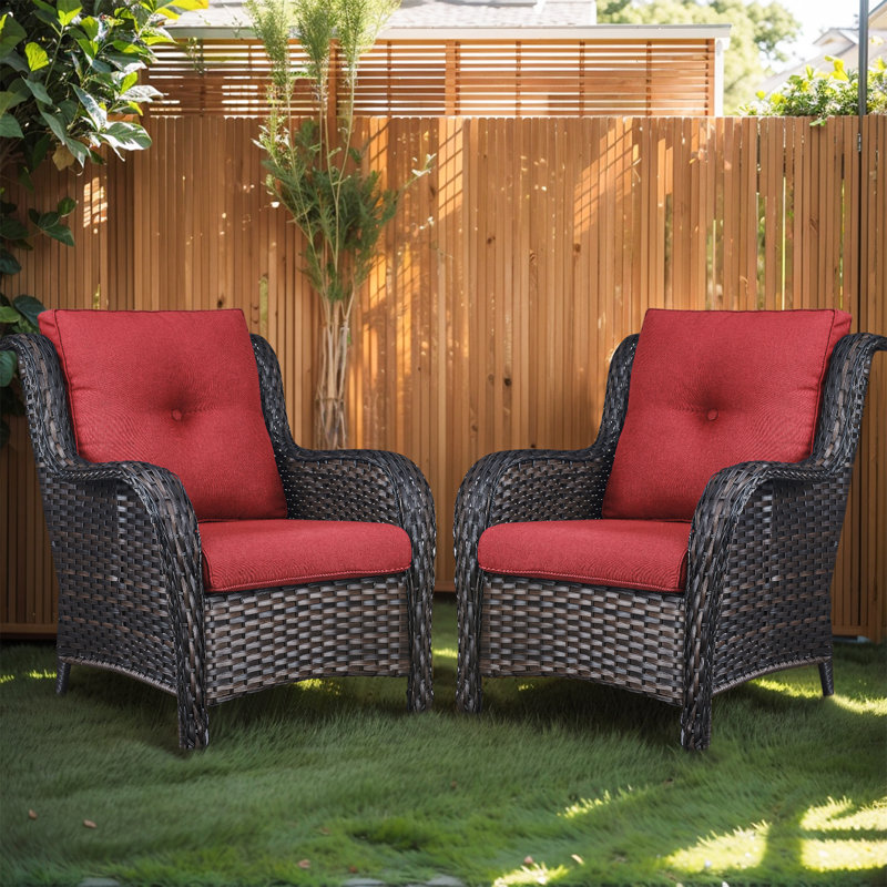 Chaises longues d'extérieur en rotin avec coussins Deb Wicker, Brun, Rouge