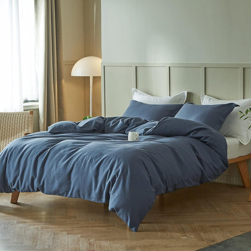 Ensemble de housse de couette en lin , Housse de couette double + 2 taies d'oreiller stan, Marine