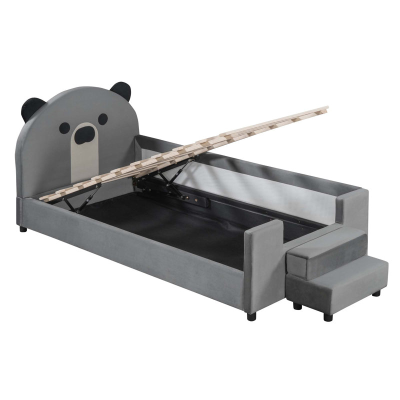 Lit de jour rembourré avec tête de lit en forme d'ours, système hydraulique et clôture en filet respirant, gris