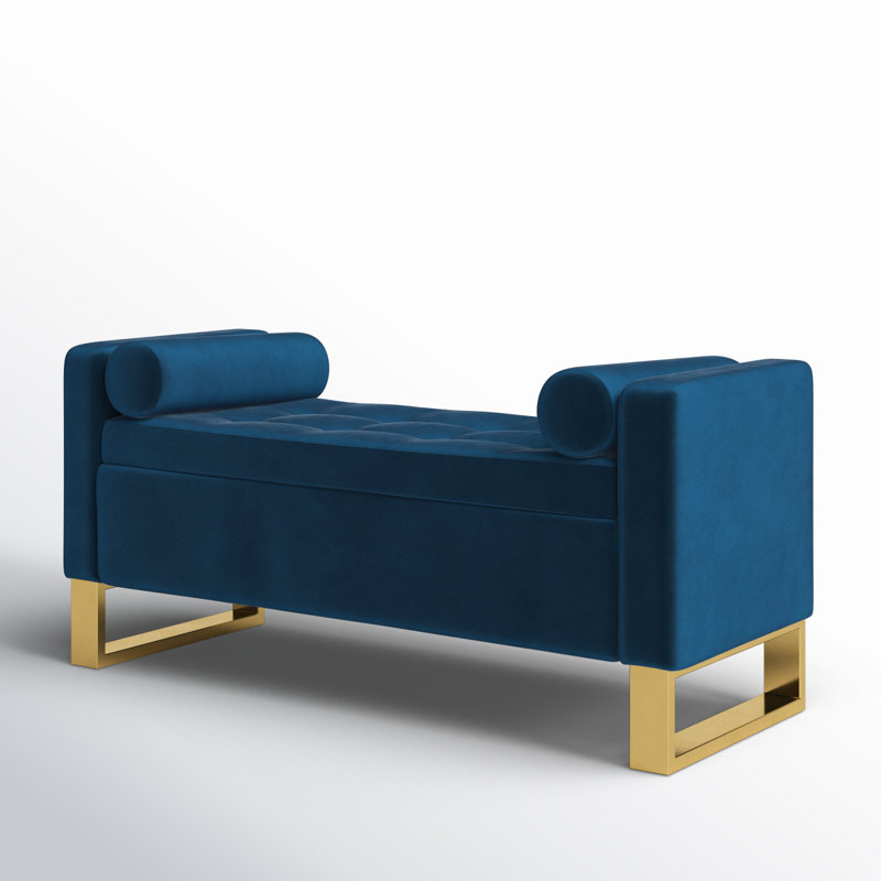 Vallejo 50.4'' W Modern Upholstered Flip Top Storage Bench with Two Pillows and Tufted, Navy