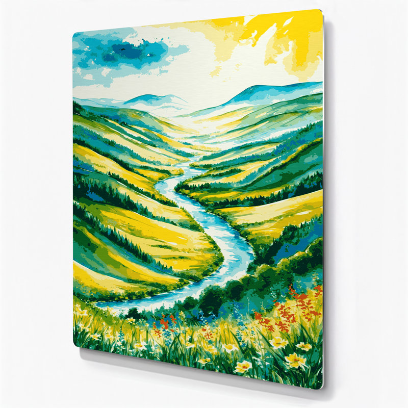 Aquarelle, paysage, 28, art mural en métal vert, H 30 po x l 20 po