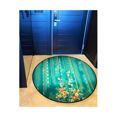 Round Green Ethnic Patterned Floral Detailed Woven Base Modern Decorative Machine Washable Rug