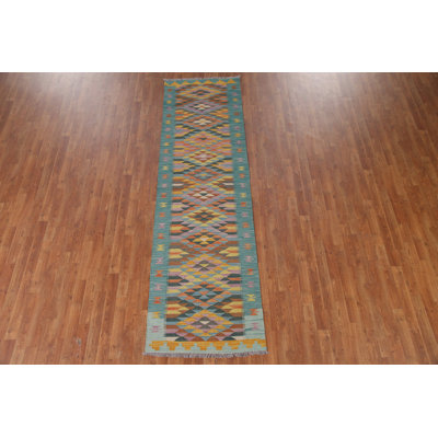 Geometric Kilim Reversible Wool Runner Rug 3x10