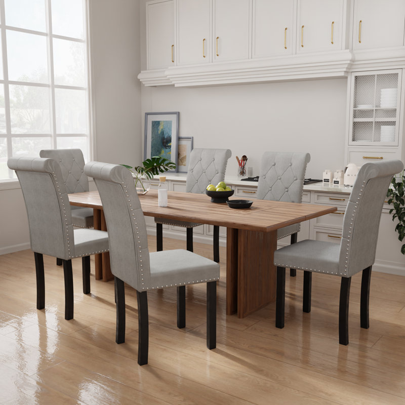 Tufted Upholstered Rolled-Up Nailhead Dining Chairs (Set Of 6), Gray