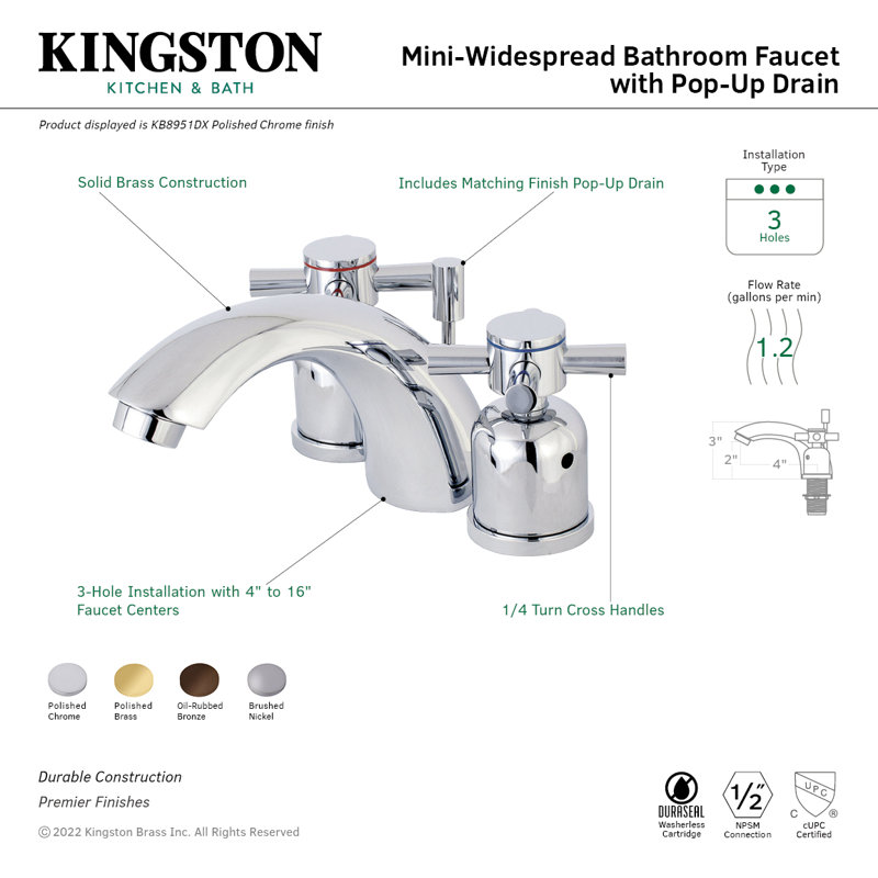 Kingston Brass Concord Two-Handle 3-Hole Deck Mount Mini-Widespread Bathroom Faucet with Plastic Pop-Up, Polished Chrome