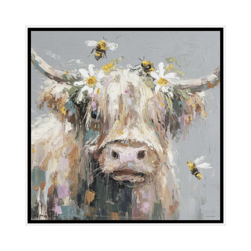 Moo and the Bees - reproduction d'art murale - toile encadrée, 18 po x 18 po, Toile avec cadre, Blanc