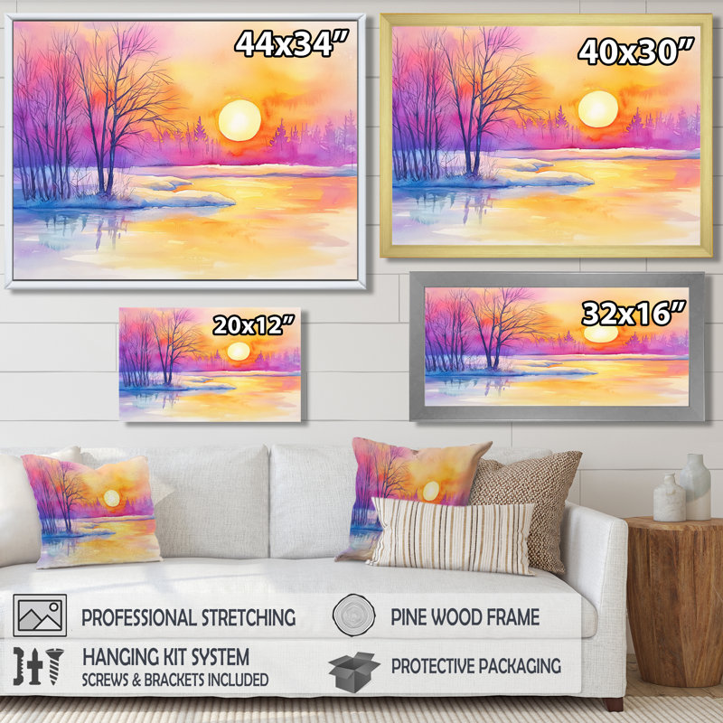«Winter Lake Sunset In Alaska I - Winter Landscape», reproduction sur toile, H 30 po x l 40 po, Blanc