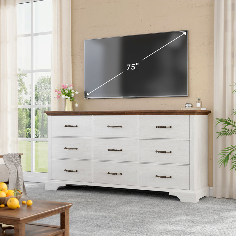 63" W Farmhouse 9 Drawers Dressers For Bedroom, White/Brown
