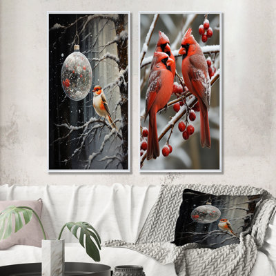 Cardinals in Christmas Winter Scenery I - Winter Landscape, reproduction d'art sur toile, ensemble de 2