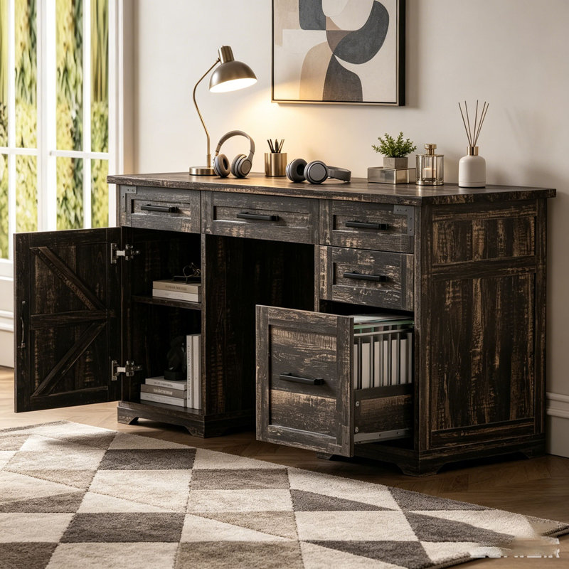 55" Farmhouse Executive Desk with Charging Station & Power Outlet, Gray