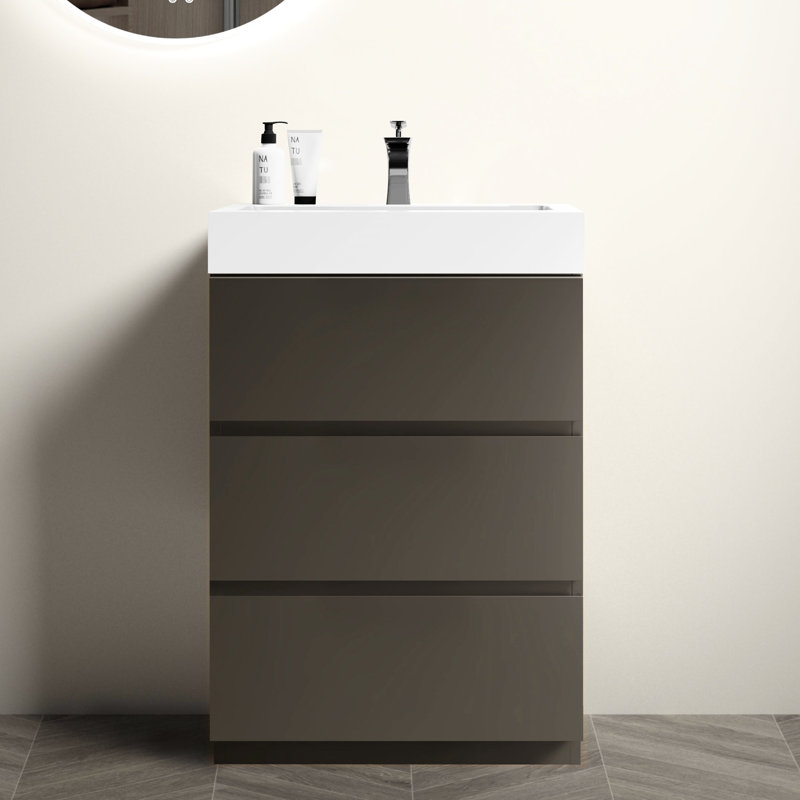 Meuble-lavabo de salle de bain de couleur grise, spacieux, silencieux, meubles de 24 po, conception ergonomique, Gris, Blanc