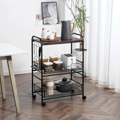 3 Tier Rolling Kitchen Cart With Storage, Kitchen Island Cart On Wheels With 2 Sliding Fruit Basket, Microwave Cart With Side Hooks For Dining Room, Walnut