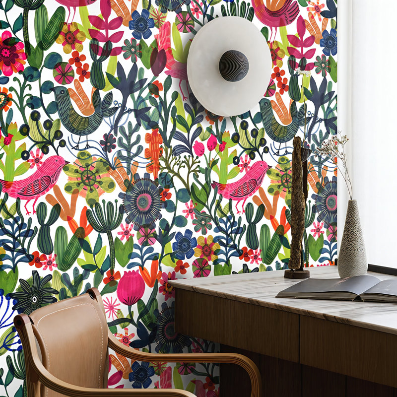 Scandinavian Folk Art Floral Wallpaper Pink