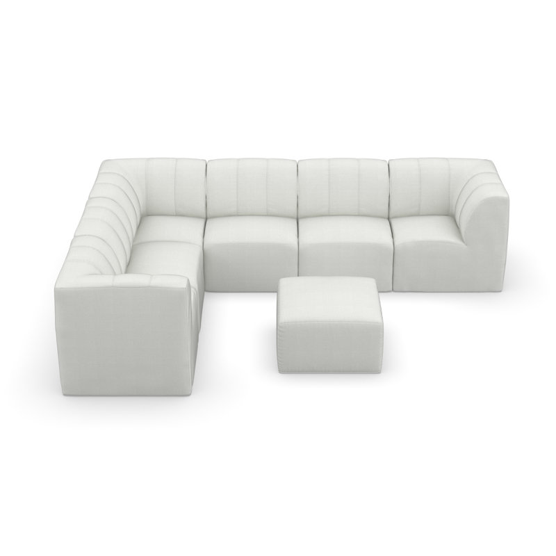 Canapé modulaire rembourré en L avec repose-pieds et coussins Sunbrella 7 pièces Praia, Tissu blanc Sunbrella®