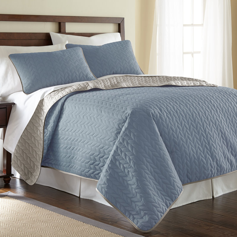 Modern & Contemporary Polyester Coverlet, Queen Coverlet + 2 Standard Shams, Denim/Silver