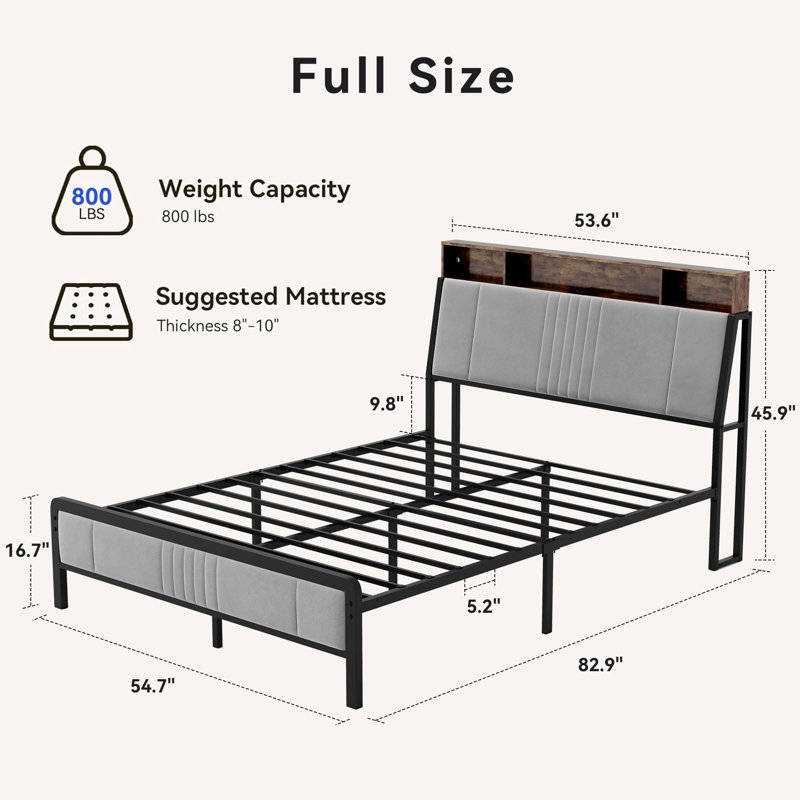 Bed Frame With Upholstered Headboard And 2-Tier Storage, Charging Station, And Smart LED Lights, Full
