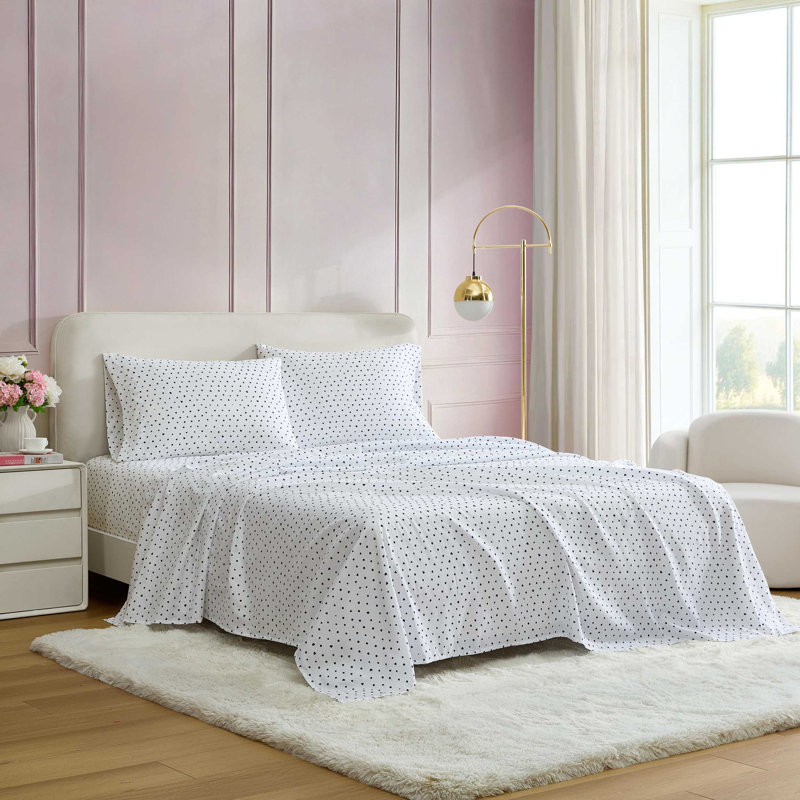Betsey Johnson Printed Novelty Sheet Sets, Queen Sheet Set with 2 Standard Pillowcases, Polka Dot Heart Black