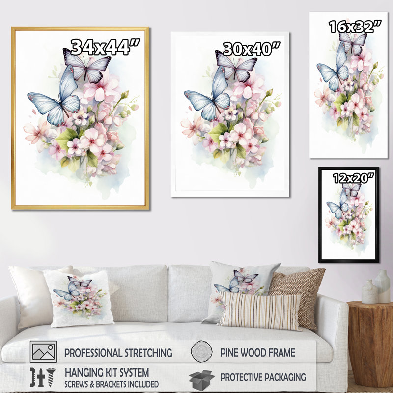 Papillons rétro sur des fleurs dans des tons pastel, Cadre simple blanc, H 32 po x l 24 po x P 1 po