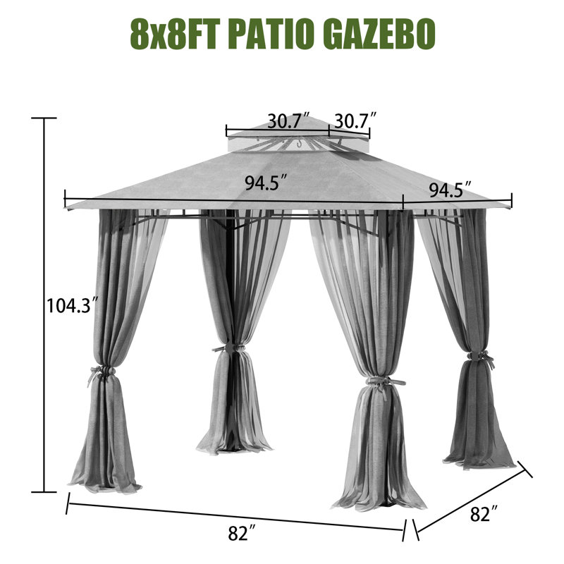 Pavillon de jardin 8 pi x 8 pi à toit souple avec double toit et moustiquaire, auvent extérieur robuste en métal, abri de tente pour patio