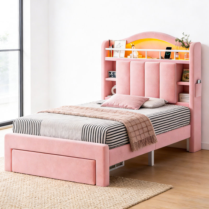Twin Size Smart LED Upholstered Bed with 2 Under-Bed Drawers, Arched Headboard and All-in-One Storage, Pink, Twin