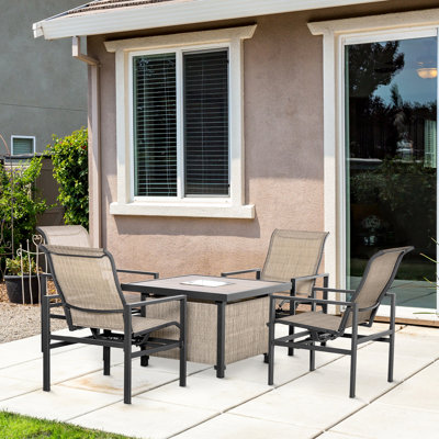 5 Piece Patio Dining Combination, Beige, Steel, 4 Rocking Chairs & Ice Bucket Table Pieces, Smooth And Serene