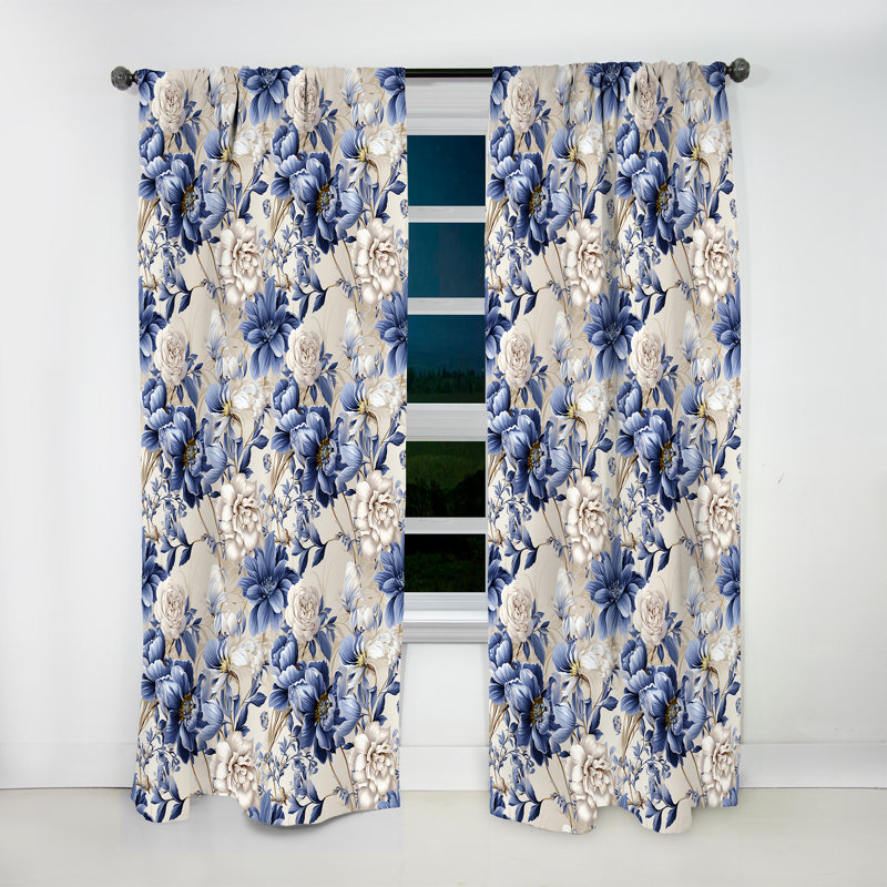 Victorian Blue And White Flowers Damask III - Bohemian Velvet Curtain - Room Darkening - 1 panel, 52" W x 108" L