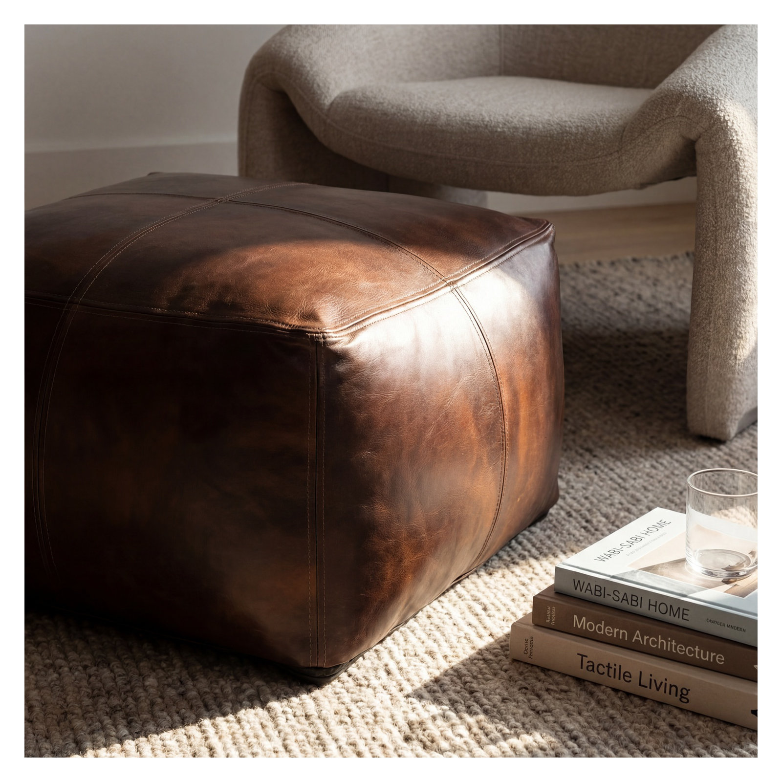 Upholstered Pouf, Dark Brown Genuine Leather