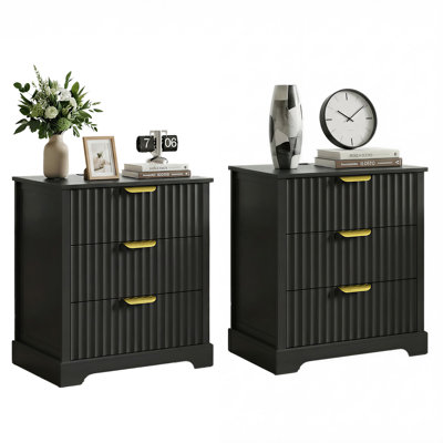 Modern Fluted 23.6" W 3-Drawer Nightstand with Charging Station（Set of 2）