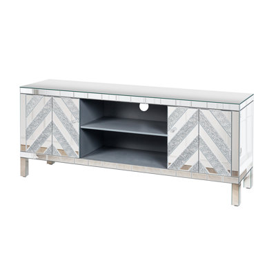 47 Inch Mirror TV Media Console with Diamond Glass Doors, Dual Door Design with Open Storage Space, Compatible with 50-Inch TVs, Modern Decor for Living Room & Bedroom