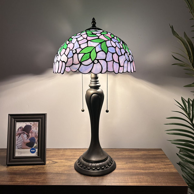Fogg Tiffany Style Table Lamp Purple Stained Glass Green Leaves LED Bulbs Included 22" H x 12" W