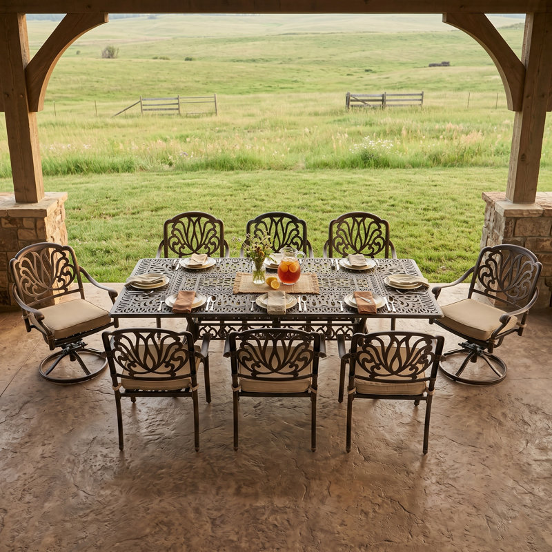 9-Piece Cast Aluminum Outdoor Dining Set, Vintage Patio Furniture for 8 Includes 87" Rectangular Dining Table, 6 Stackable Chairs & 2 Swivel Chairs with Cushions & Umbrella Hole