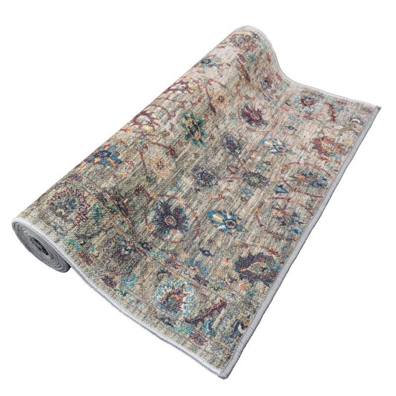 Antibacterial Runner Rug Anti Slip Wool Soft Touch Vintage Floral Distressed Kenley Design for Hallway Stairway Entryway Indoor Washable Carpet