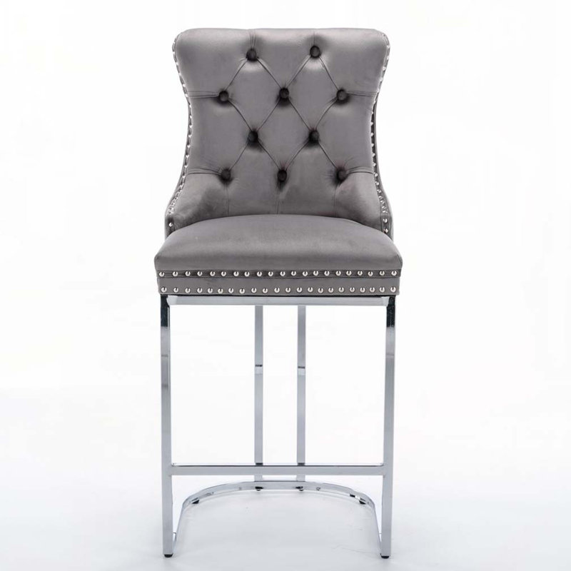 Velvet Upholstered Metal Bar Stools Set with Tufted Back and Nailedhead Trim, Gray