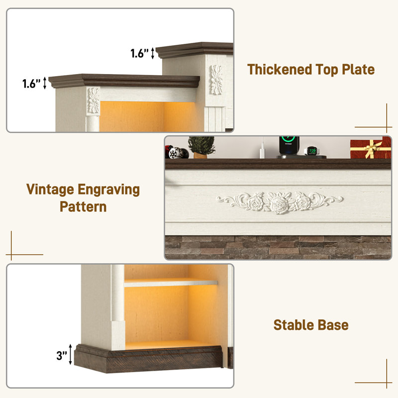 85 Inch Farmhouse TV Stand with 36 Inch Electric Fireplace, Faux Stone Mantel, APP & Remote Control LED Lights, Built-in Power Strip, Adjustable Storage Console, Entertainment Center for TVs Up to 95 Inches