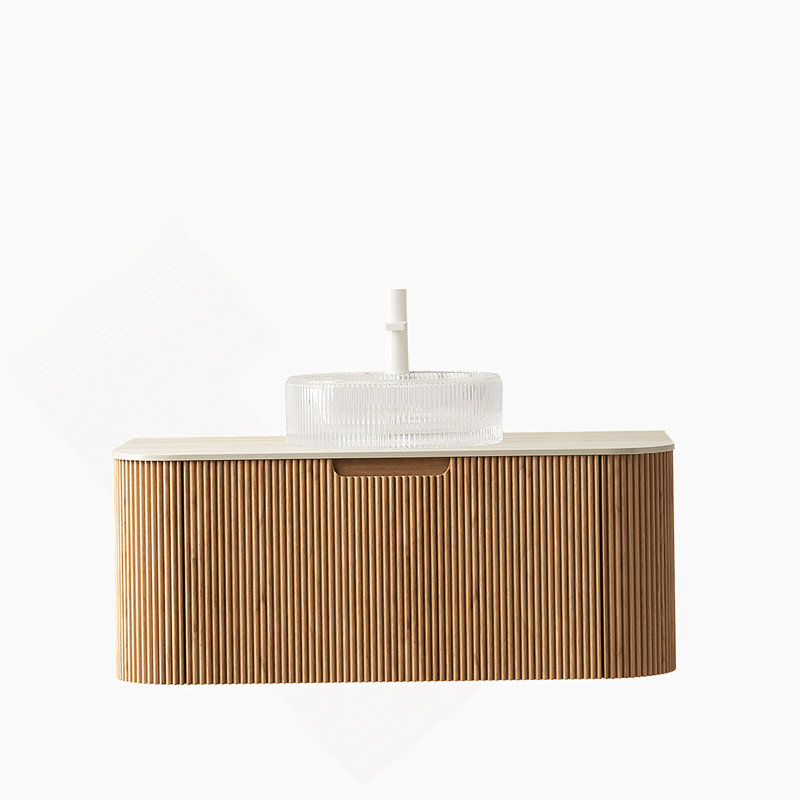 Meuble-lavabo mural 36 po avec lavabo rond en verre transparent, plateau en pierre frittée à motif de travertin et armoire de rangement à rayures 3D