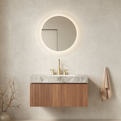 36" Bathroom Vanity&Sink, Floating Plywood Storage Cabinet With Drawer&Door, Sintered Stone Top&Ceramic Basin With 3 Pre-Drilled Faucet Holes, Pre-Assembled