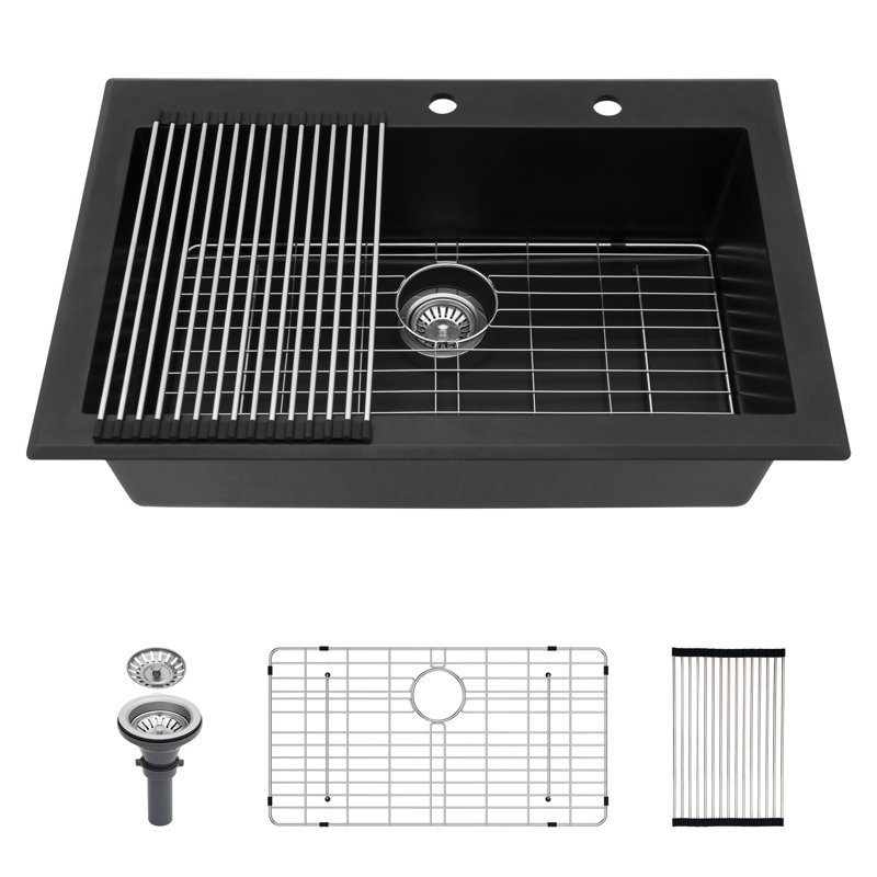 Évier de cuisine en quartz - Évier de cuisine encastré en granite noir 33 x 22 po, Noir mat