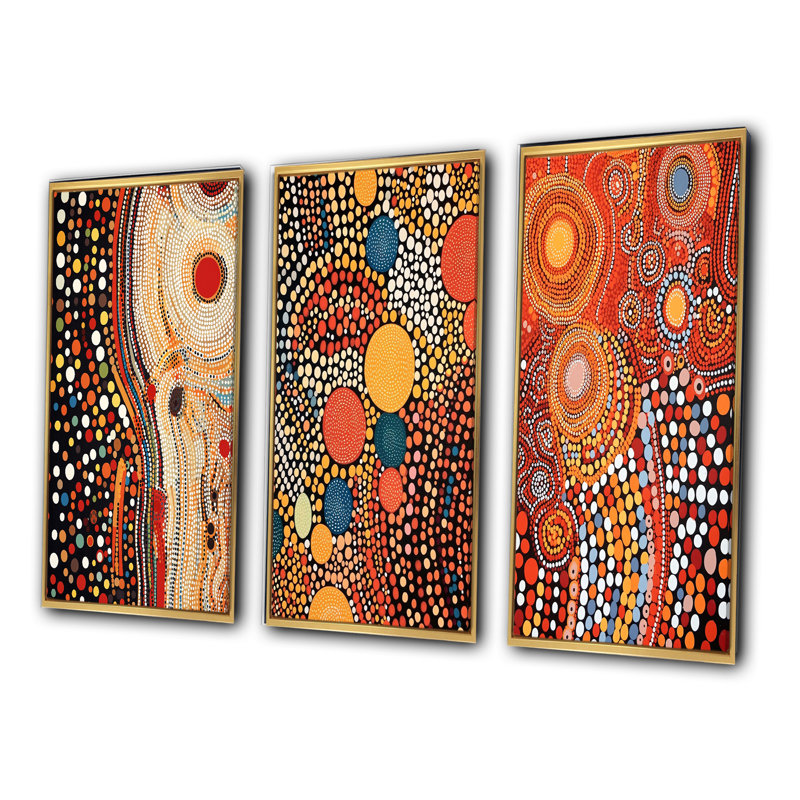 3 pièces sur toile - Compositions ambrées circulaires aborigènes III, Encadrement doré, H 40 po x l 60 po
