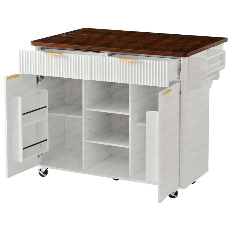 Îlot de cuisine cannelé de 52 po K&K avec rallonge, prise de courant, chariot de rangement de cuisine avec tablettes réglables, 2 portes et 2 tiroirs, table d'îlot roulant avec plateau de couleur noyer pour la cuisine, blanc