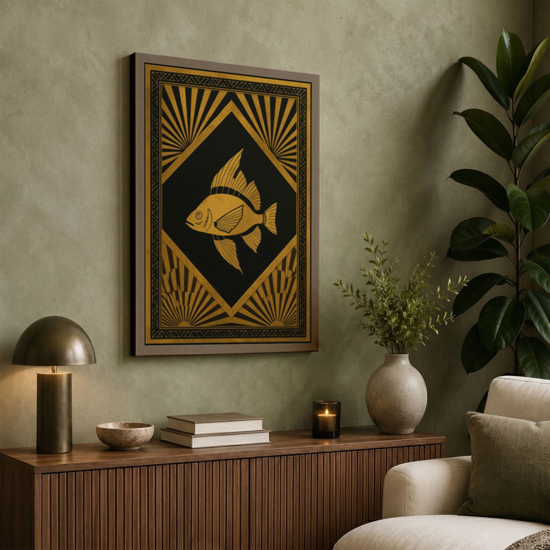 Golden Fish, Art Deco - Wrapped Canvas, 24x16 - 61.0 x 40.6 cm, Teal Border