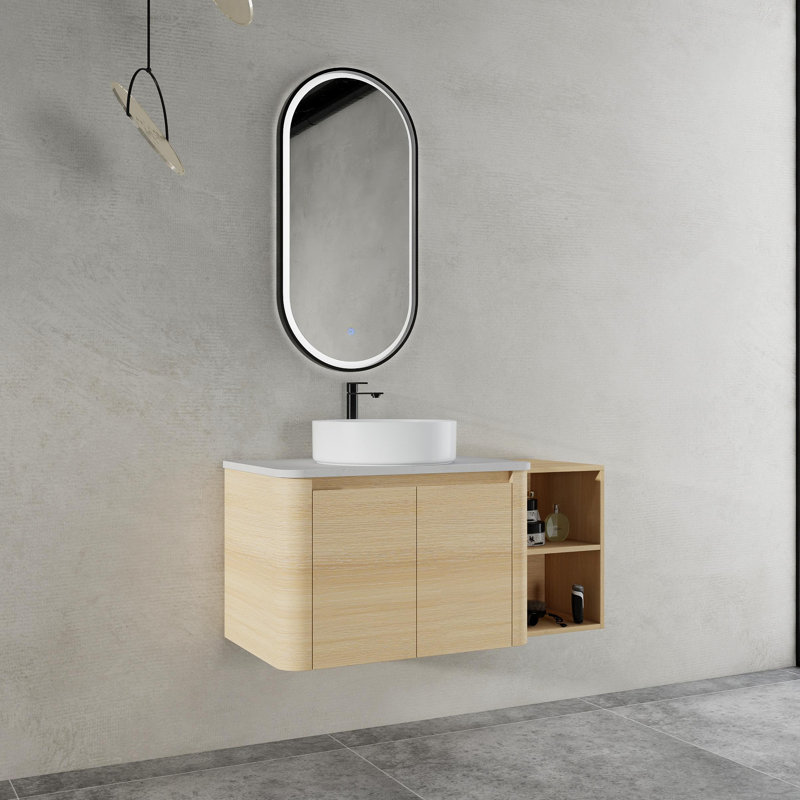 Meuble-lavabo flottant mural 42 po avec lavabo vasque en céramique, portes à fermeture en douceur et tablette de rangement ouverte, chêne blanc américain, fabrication en contreplaqué