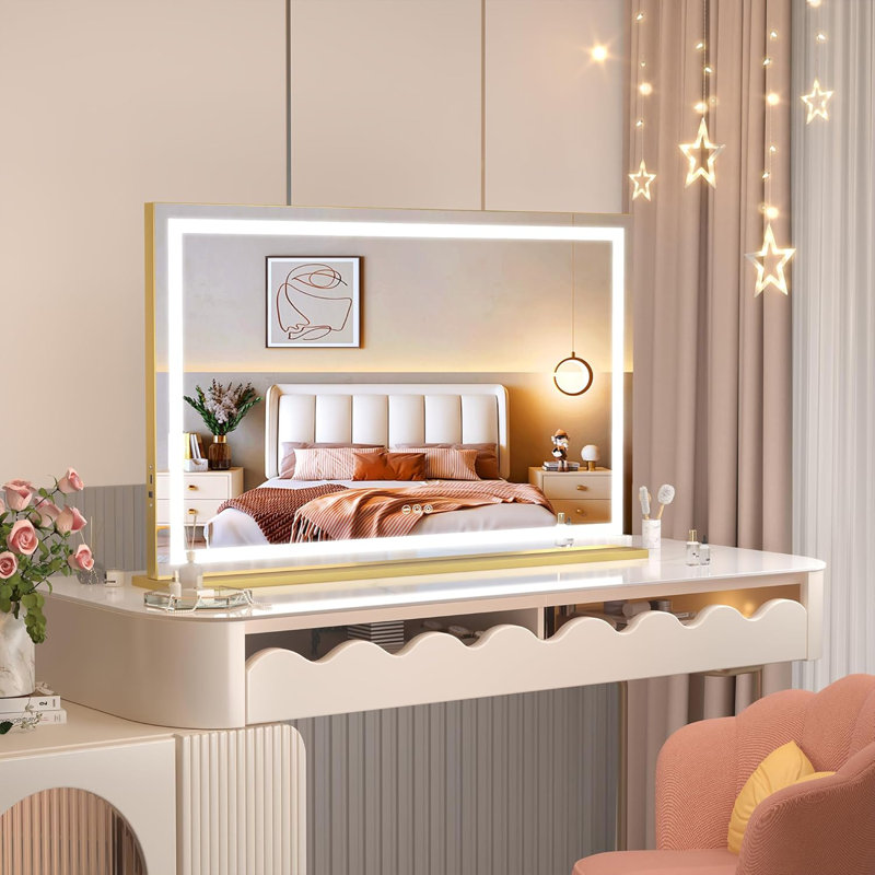 Miroir lumineux à DEL avec interrupteur tactile pour salle de bain et coiffeuse avec grossissement amovible et port de charge USB