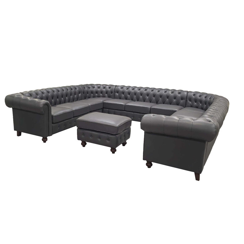 Canapé modulaire en forme de U vintage en cuir avec capitonnage à boutons, Top Grain Leather - Blue Grey
