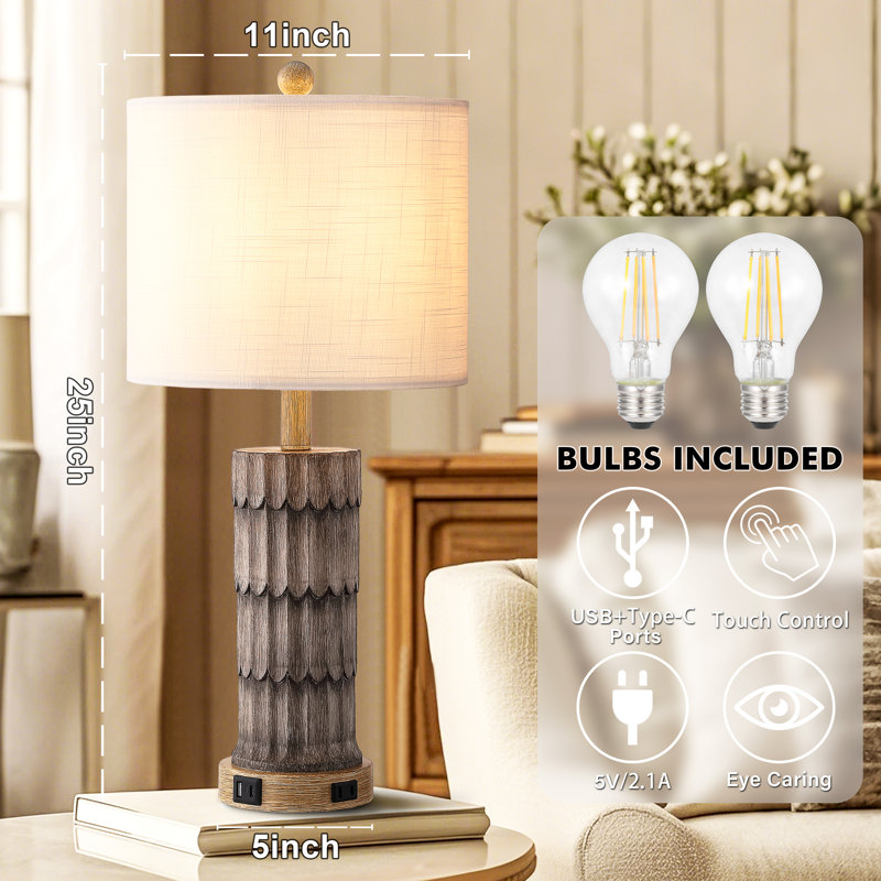 25" Resin Single Table Lamp With USB,Tyoe-C Ports, White, Distressed Wood