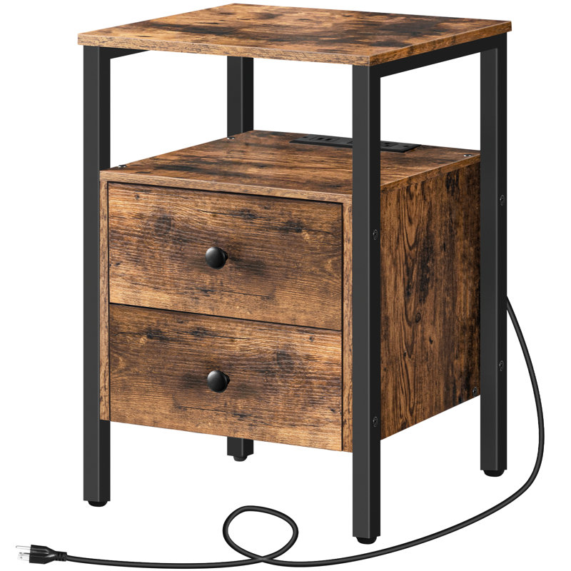 Pake 2 - Drawer 23.6" Tall Iron Nightstand with Storage and Built-In Outlets, Black/Rustic Brown