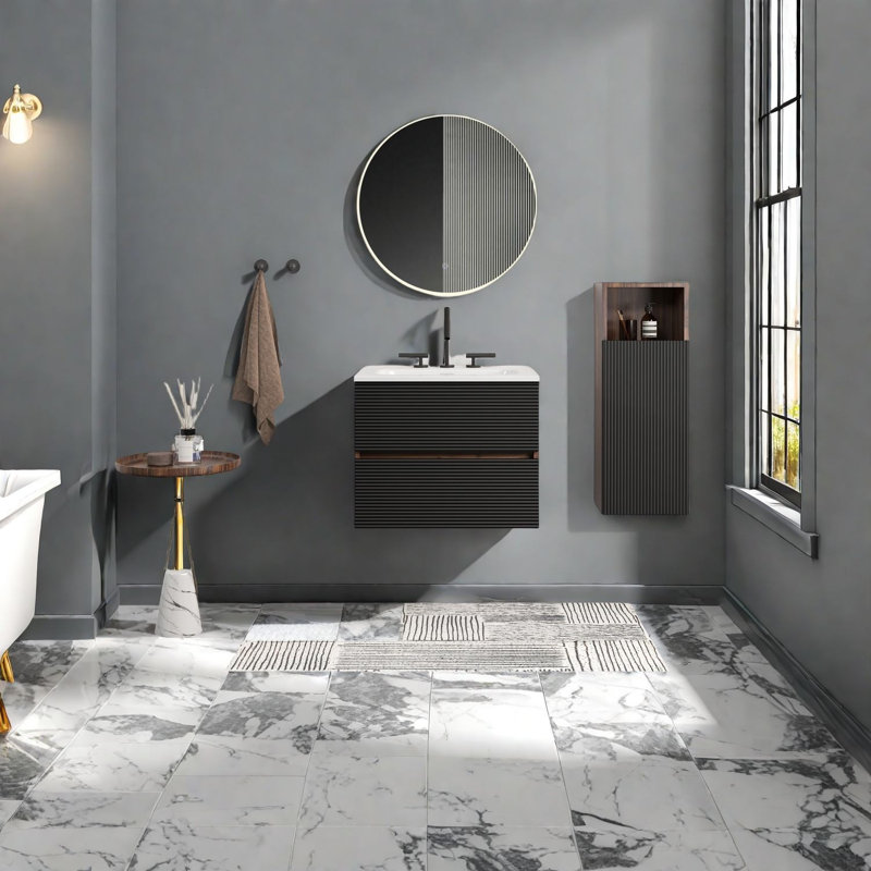 Meuble-lavabo moderne élégant avec lavabo, conception en noyer noir, peu encombrant
