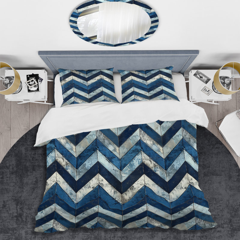 Blue Silver Chevron Print II - Modern Duvet Cover Set, King Duvet Cover + 2 King Shams